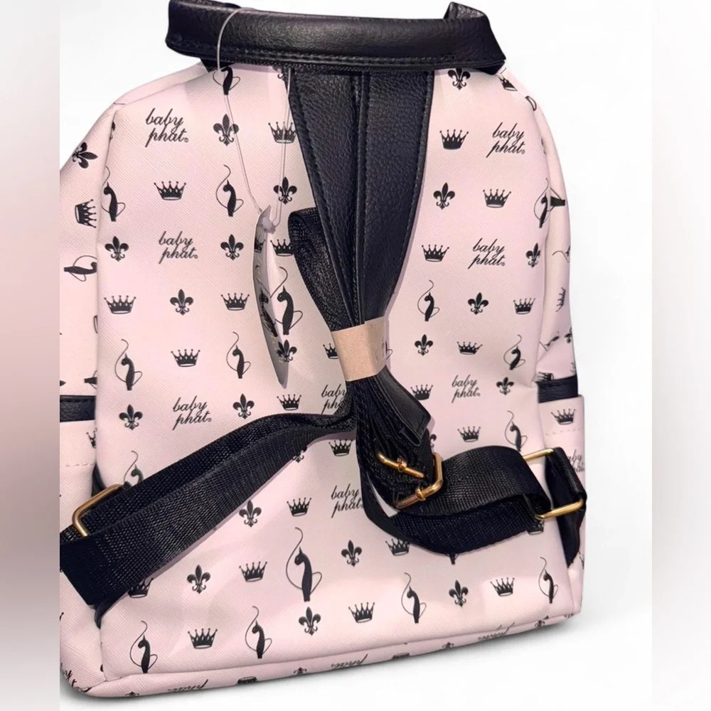 Baby Phat white Mini Backpack with Black Logo Print and Gold Hardware